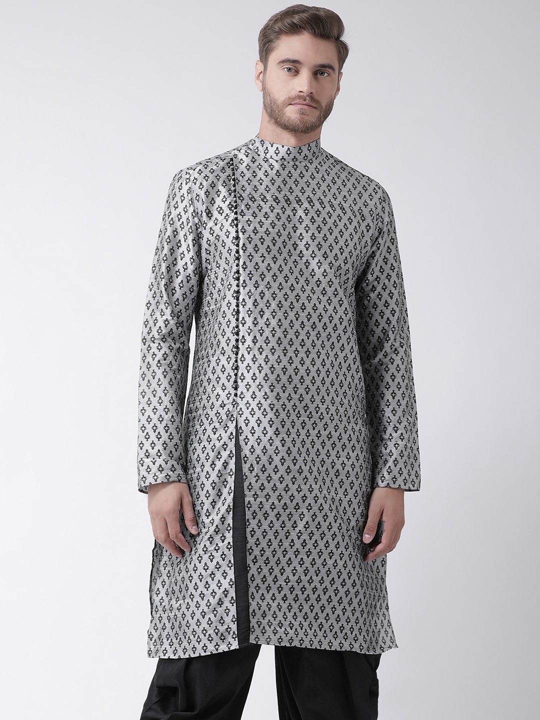 

DEYANN Ethnic Motifs Printed Band Collar Straight Kurta, Silver