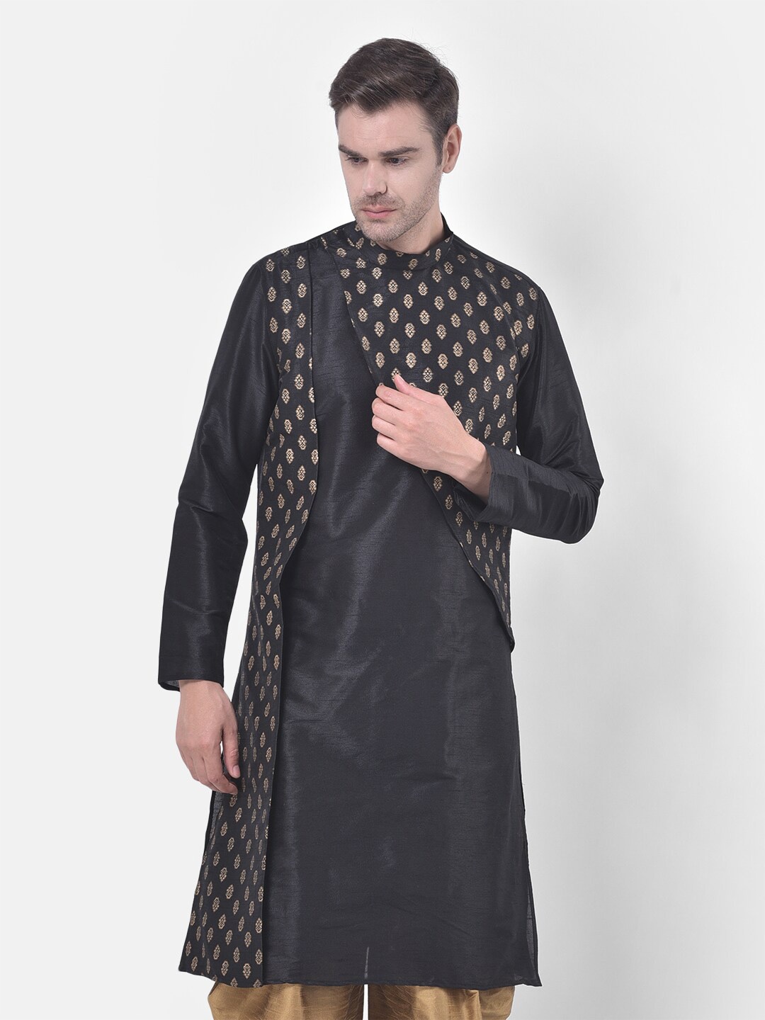 

DEYANN Ethnic Motifs Printed Band Collar Straight Kurta, Black