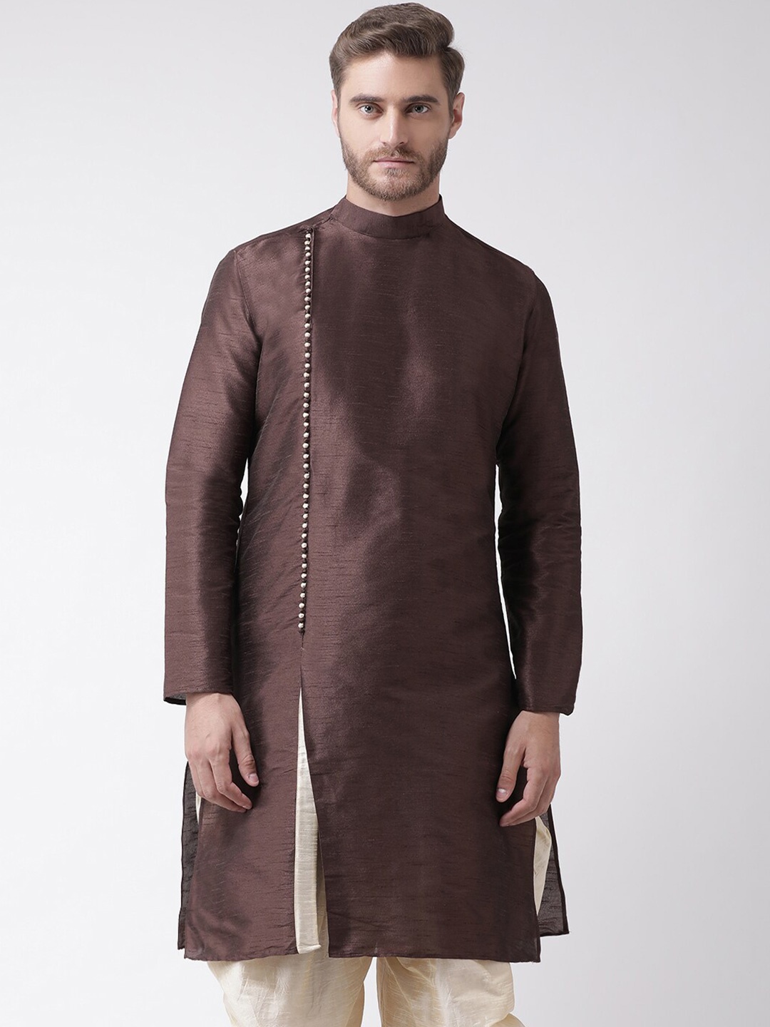 

DEYANN Mandarin Collar Long Sleeves Kurta, Brown