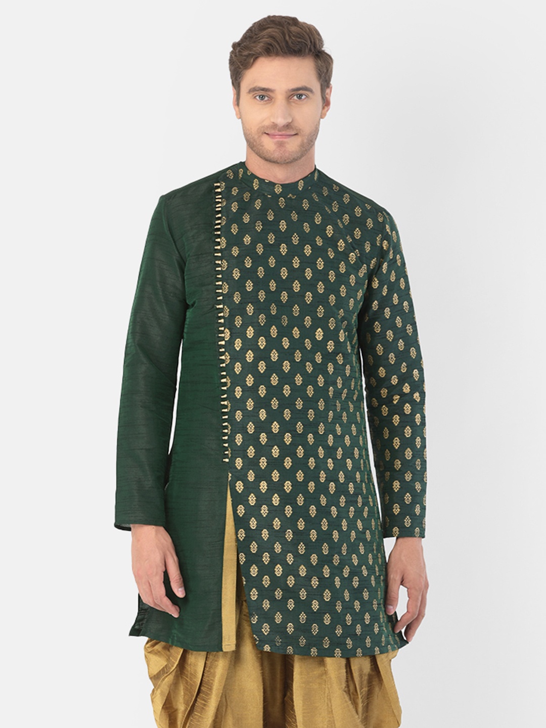 

DEYANN Ethnic Motifs Woven Design Angrakha Dupion Silk Kurta, Green