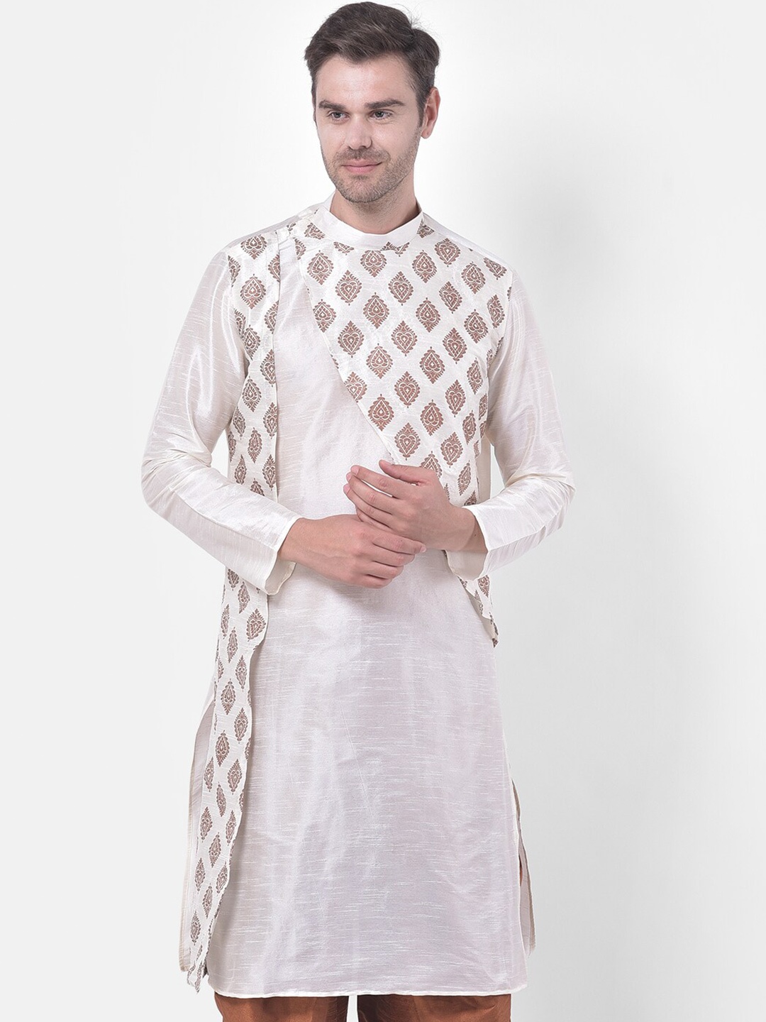 

DEYANN Ethnic Motifs Printed Band Collar Straight Kurta, Off white
