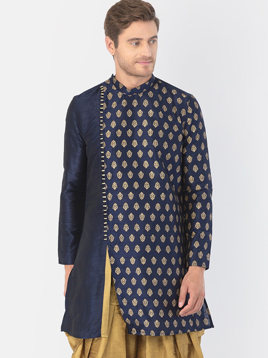 

DEYANN Ethnic Motifs Printed Band Collar Angrakha Kurta, Navy blue