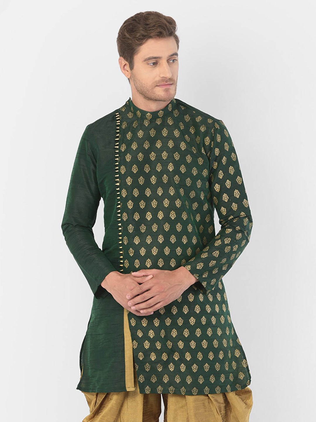 

DEYANN Ethnic Motifs Woven Design Angrakha Dupion Silk Kurta, Green