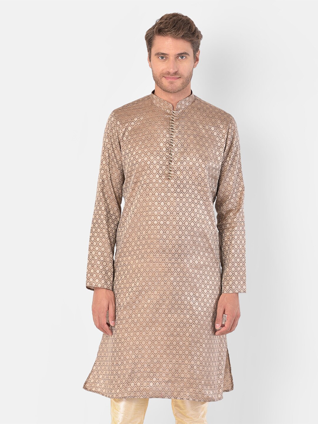 

DEYANN Mandarin Collar Long Sleeves Geometric Woven Design Kurta, Brown