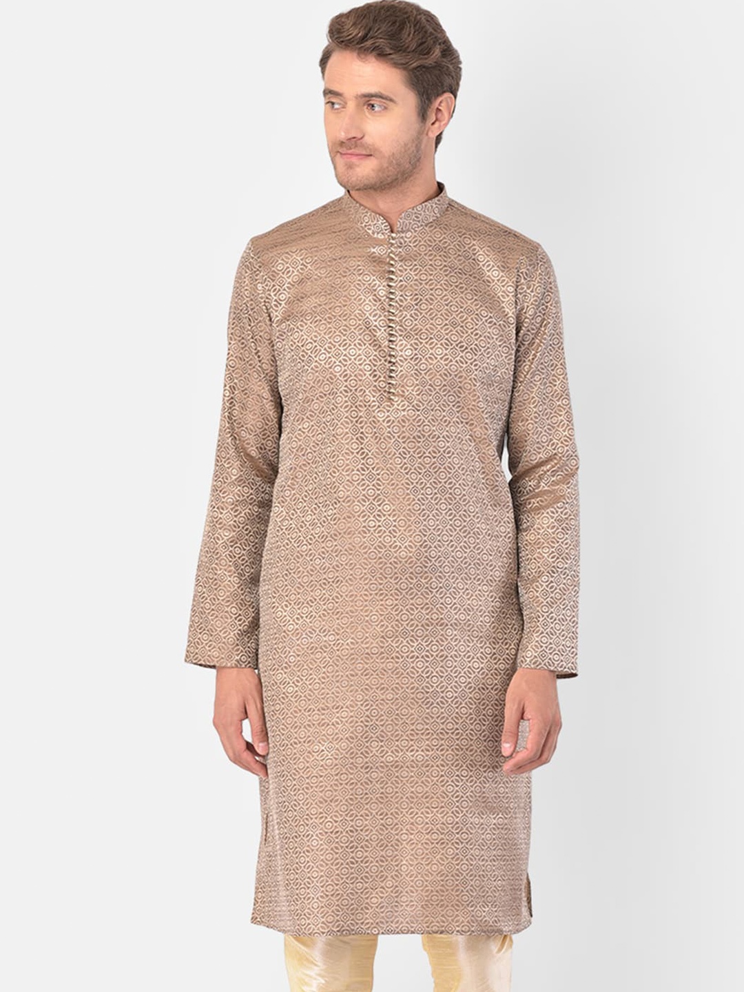 

DEYANN Geometric Woven Design Mandarin Collar Jacquard Straight Kurta, Brown
