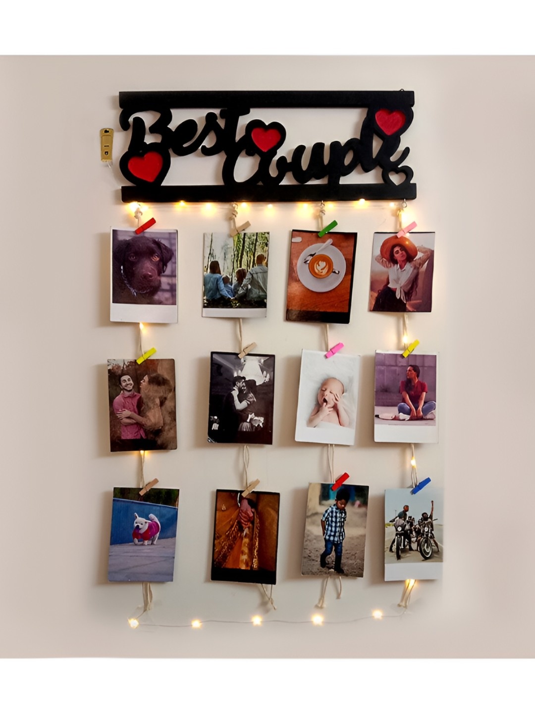 

VAH Kya Bat Hai !! Black Hanging Photo Display Wooded Wall Decor With Clips & LED Light