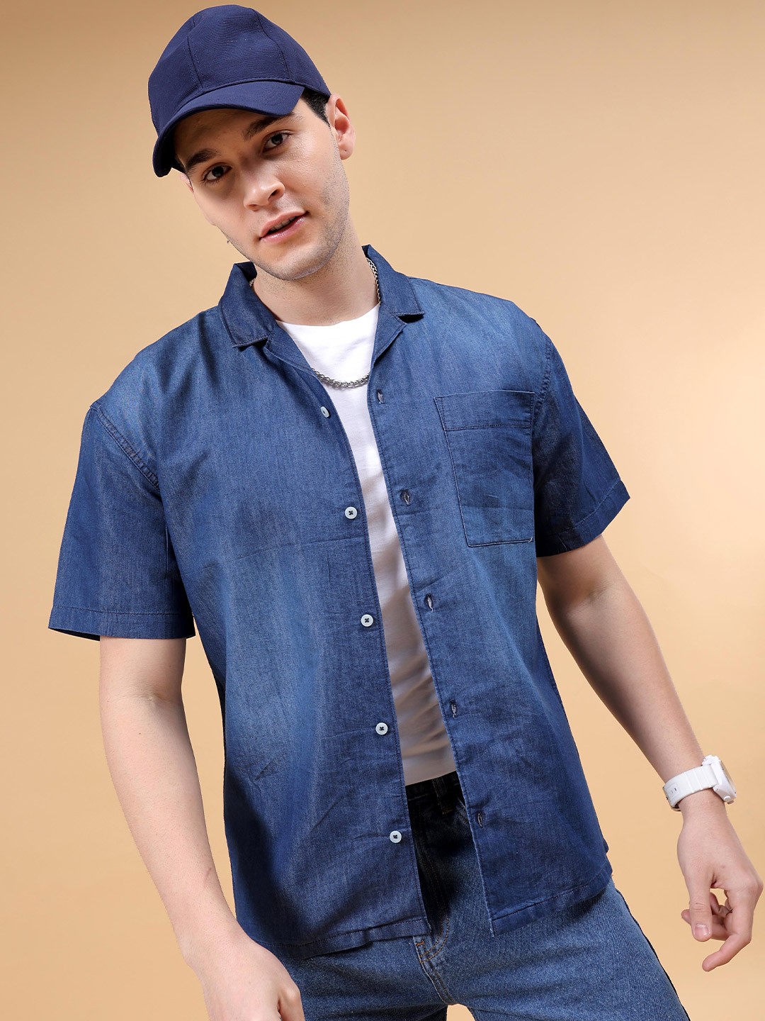 

The Indian Garage Co Cuban Collar Casual Oversized Shirt, Blue