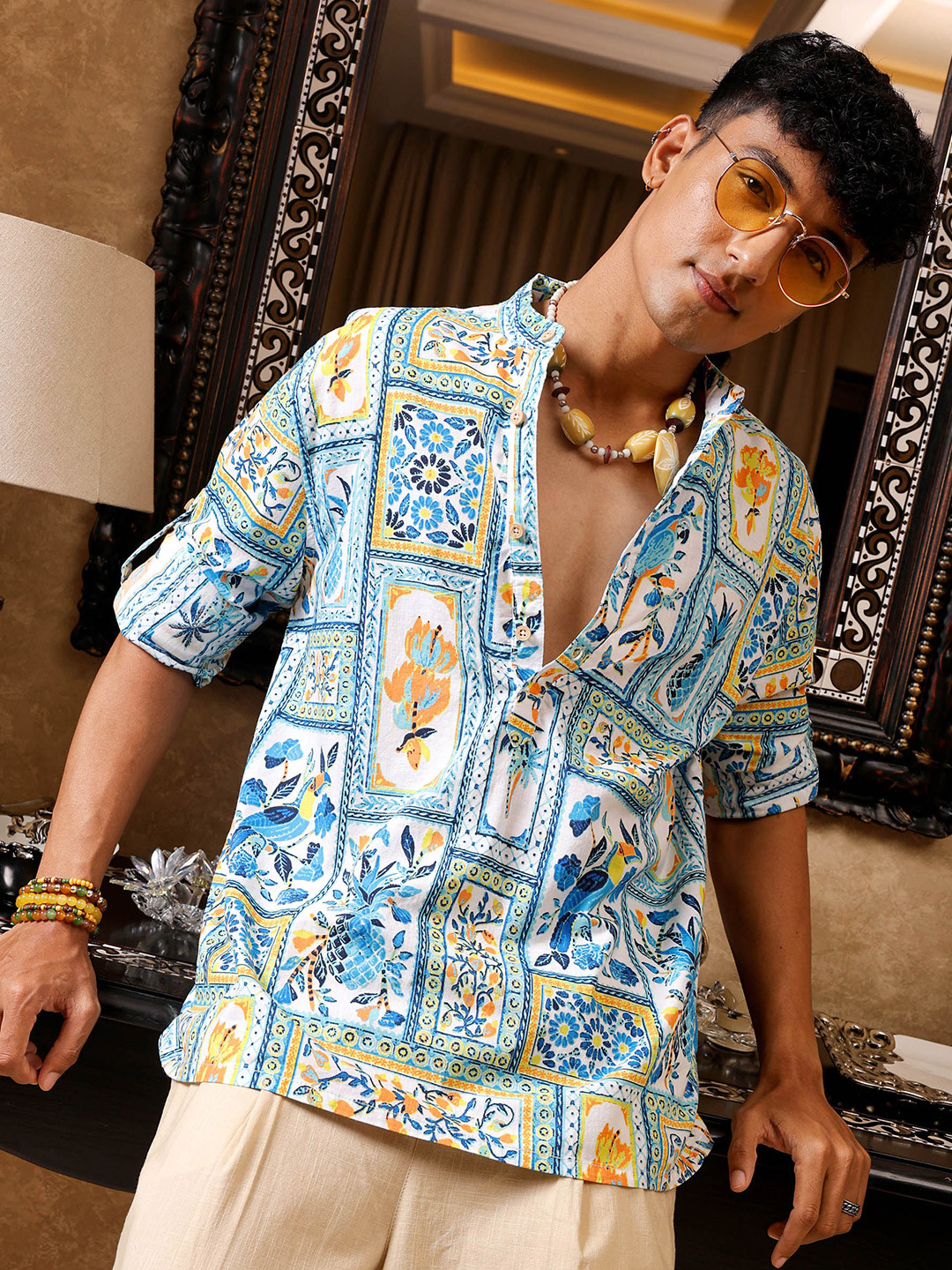 

The Indian Garage Co Floral Printed Mandarin Collar Roll-Up Sleeves Cotton Casual Shirt, Blue