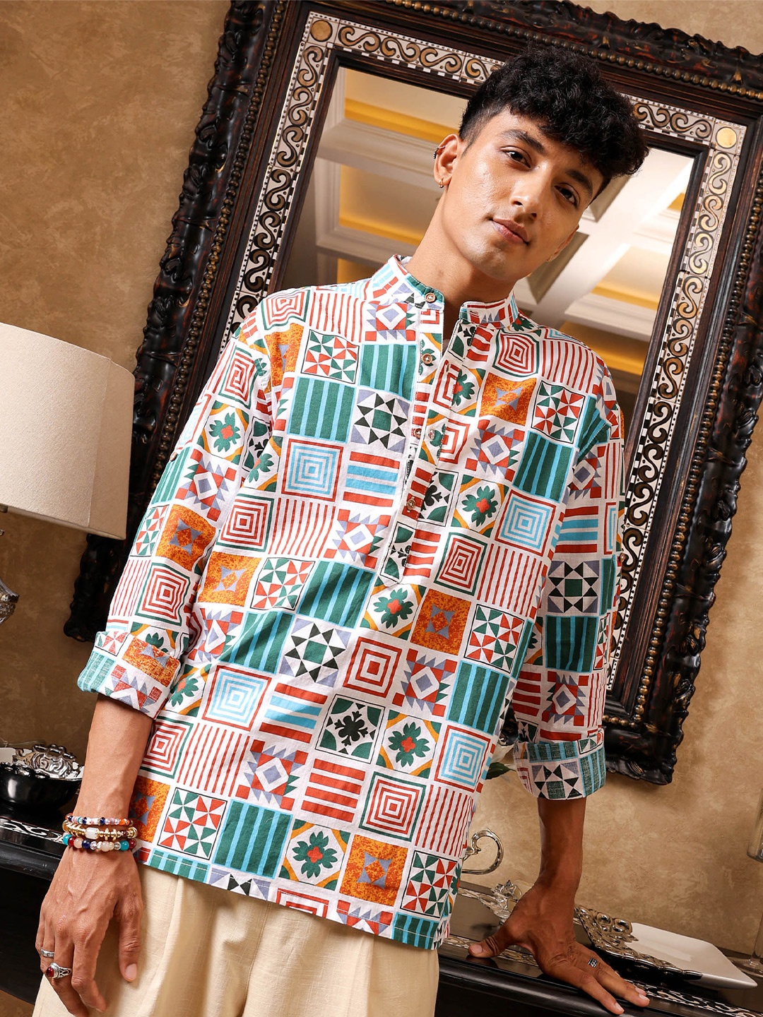 

The Indian Garage Co Men Regular Fit Geometric Printed Resortwear Shirt, White