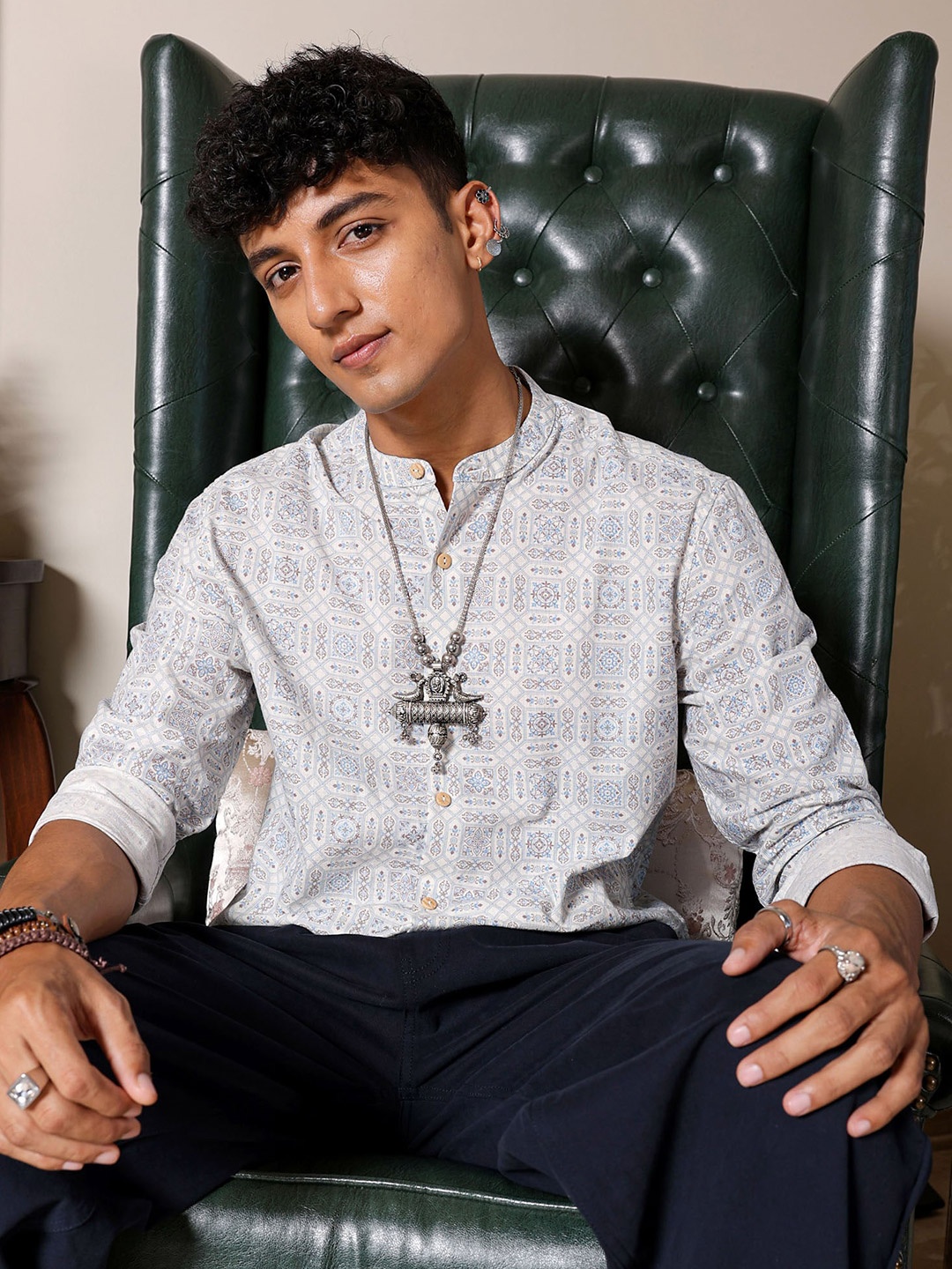 

The Indian Garage Co Slim Fit Ethnic Motifs Printed Mandarin Collar Cotton Casual Shirt, White