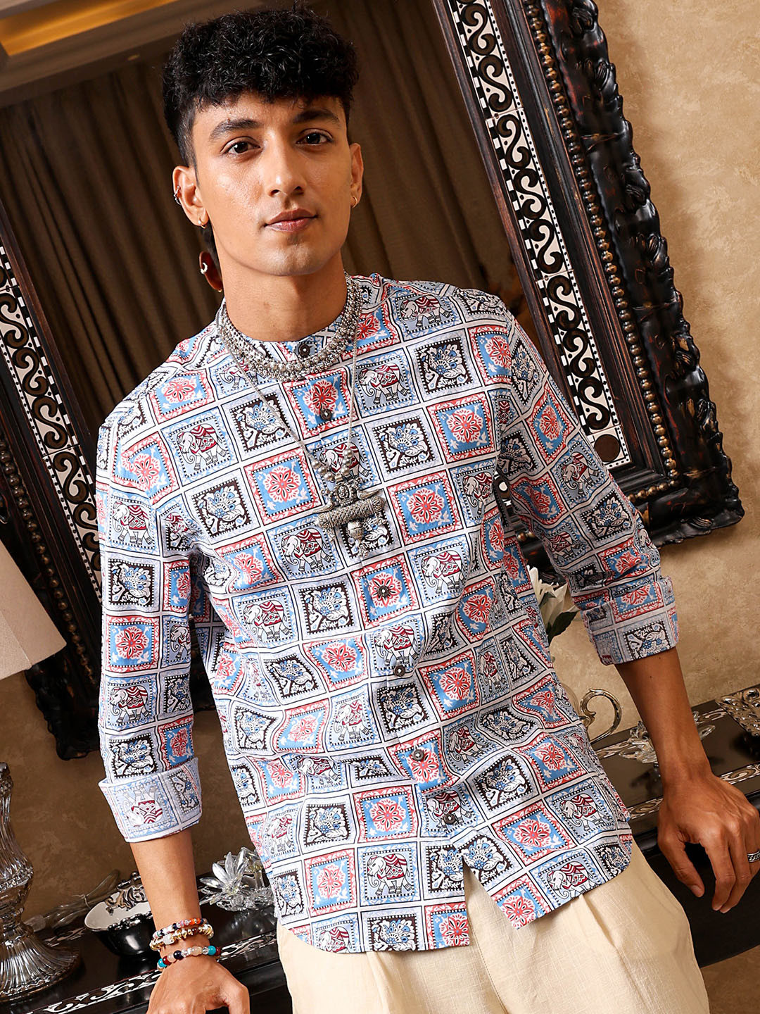 

The Indian Garage Co Men Slim Fit Indie Printed Resortwear Shirt, Blue