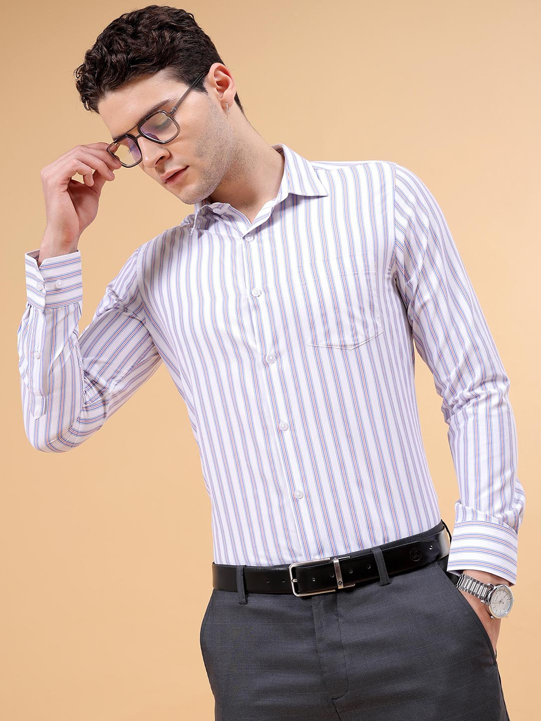 

Luxe by TIGC Slim Fit Vertical Striped Spread Collar Formal Shirt, White