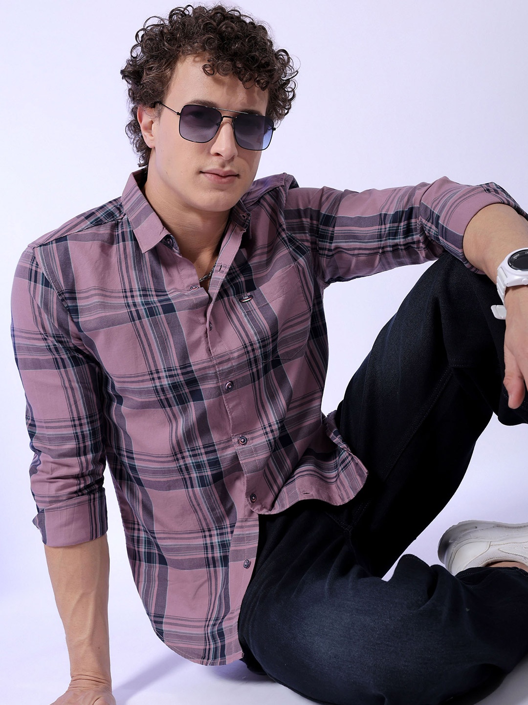 

The Indian Garage Co Tartan Checked Slim Fit Pure Cotton Casual Shirt, Purple