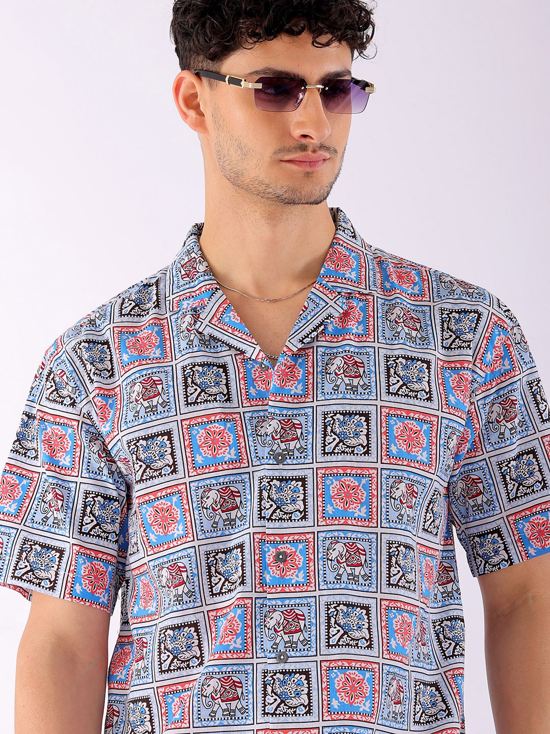 

The Indian Garage Co Men Relaxed Fit Indie Geo Mosaic Printed Resortwear Shirt, Blue