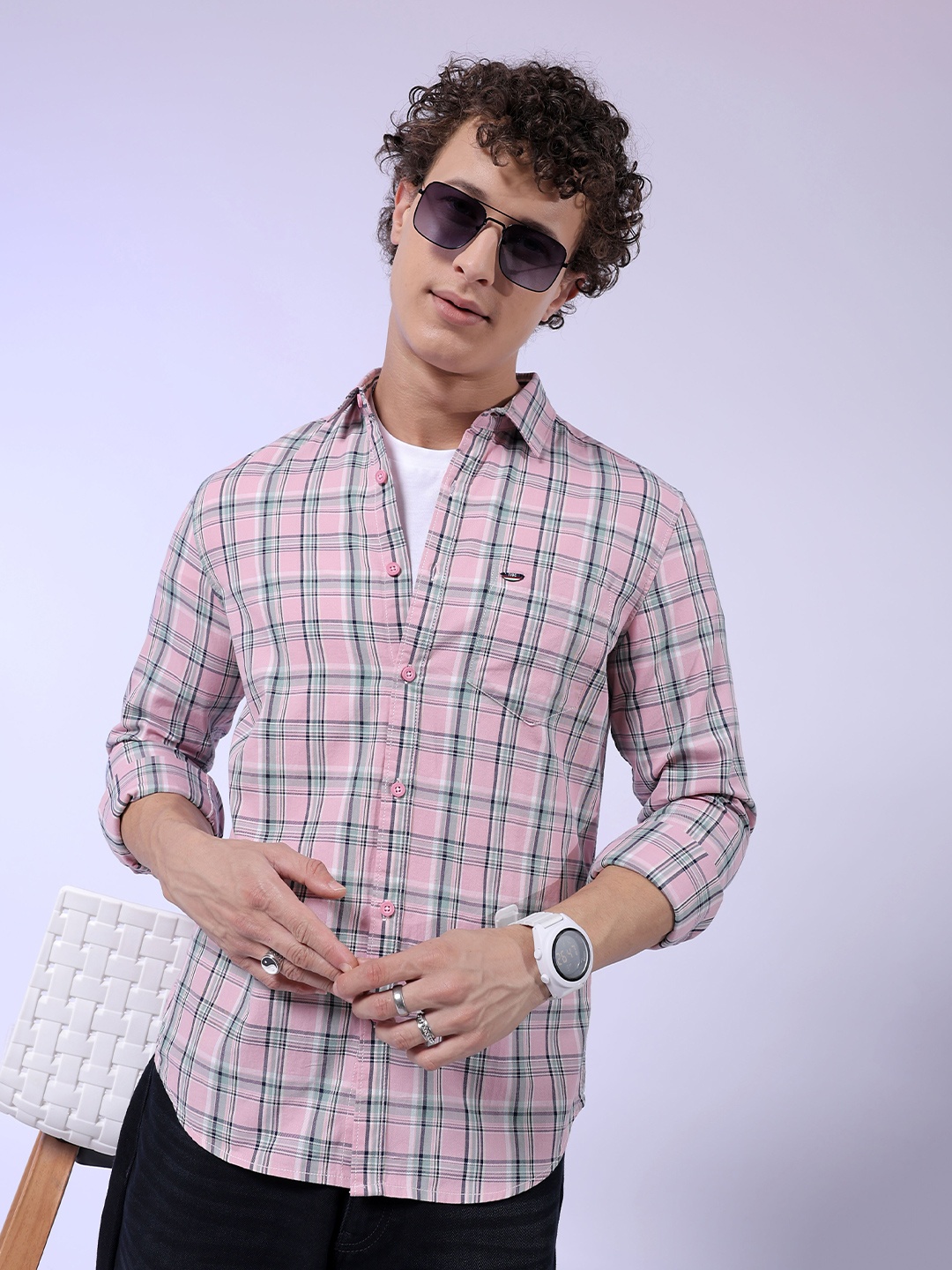 

The Indian Garage Co Slim Fit Tartan Checked Casual Pure Cotton Shirt, Pink