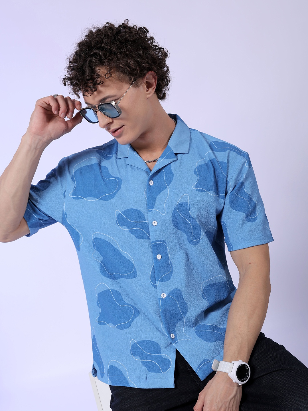

The Indian Garage Co Men Relaxed Fit Abstract Print Textuted Resortwear Shirt, Blue