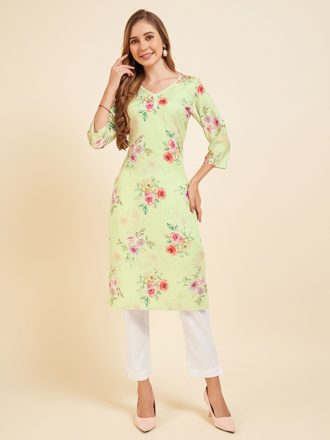 

Rekha Maniyar Floral Printed Pure Crepe Lace Straight Kurta, Sea green