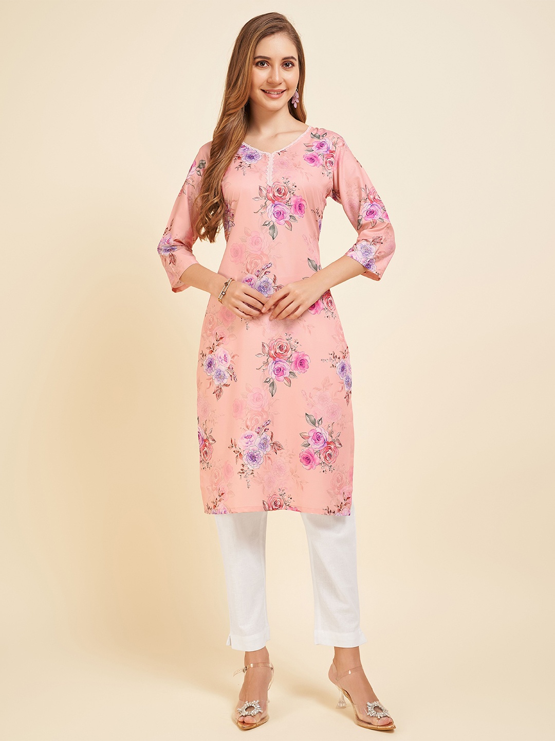 

Rekha Maniyar Floral Printed Pure Crepe Lace Straight Kurta, Peach