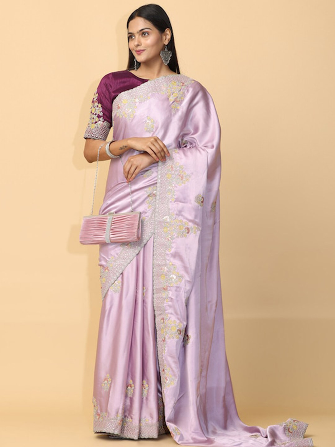 

PATLIPALLU Floral Sequinned Silk Banarasi Saree, Lavender