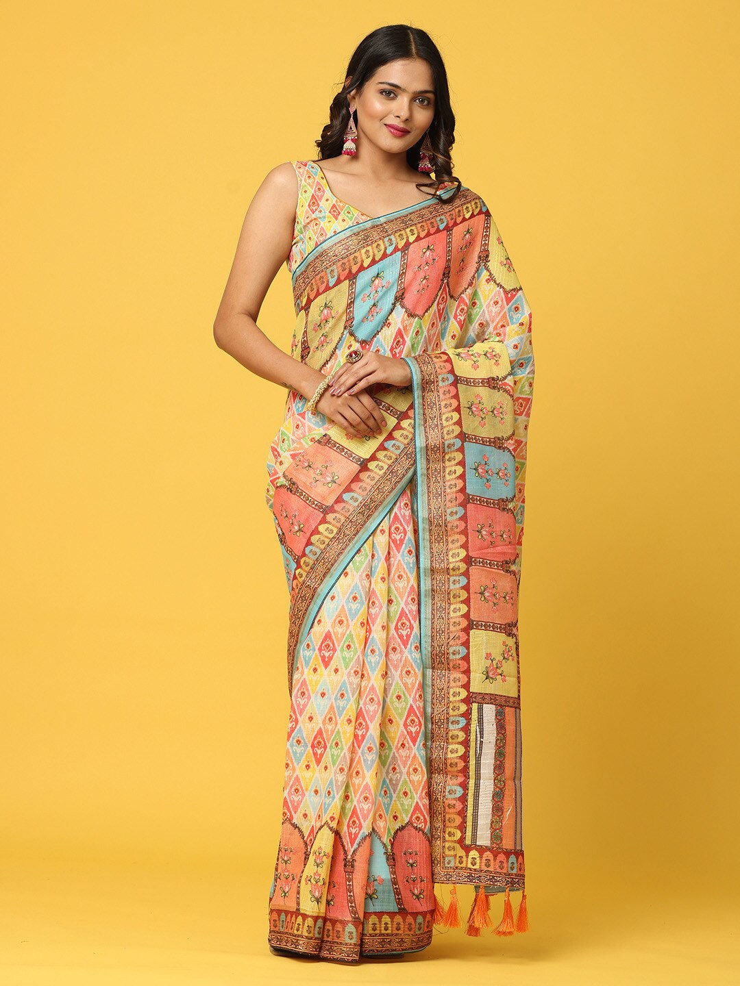 

PATLIPALLU Sequinned Linen Blend Ikat Saree, Orange