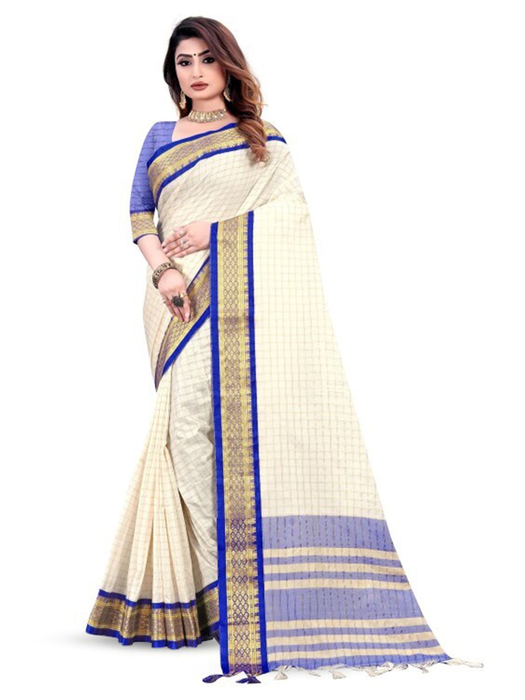 

Hensi sarees shop Checked Woven Design Silk Cotton Pochampally Zari Saree, White