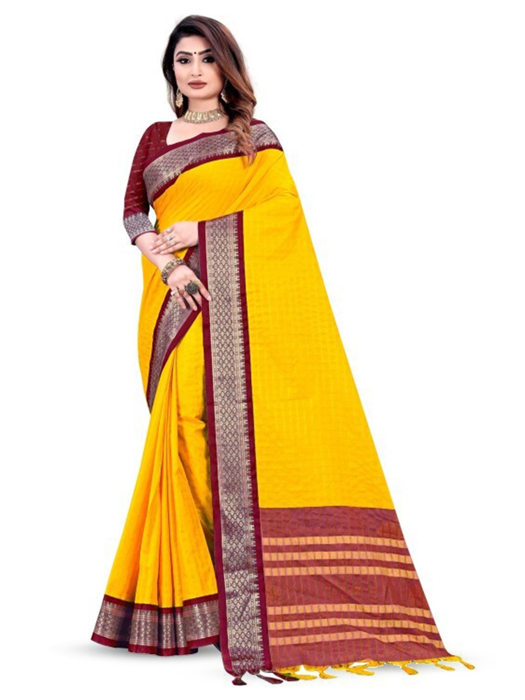 Hensi sarees shop Checked Woven Design Silk Cotton Pochampally Zari Saree, Yellow