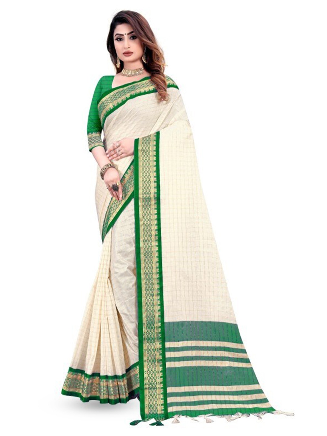 

Hensi sarees shop Checked Zari Silk Cotton Pochampally Saree, Green