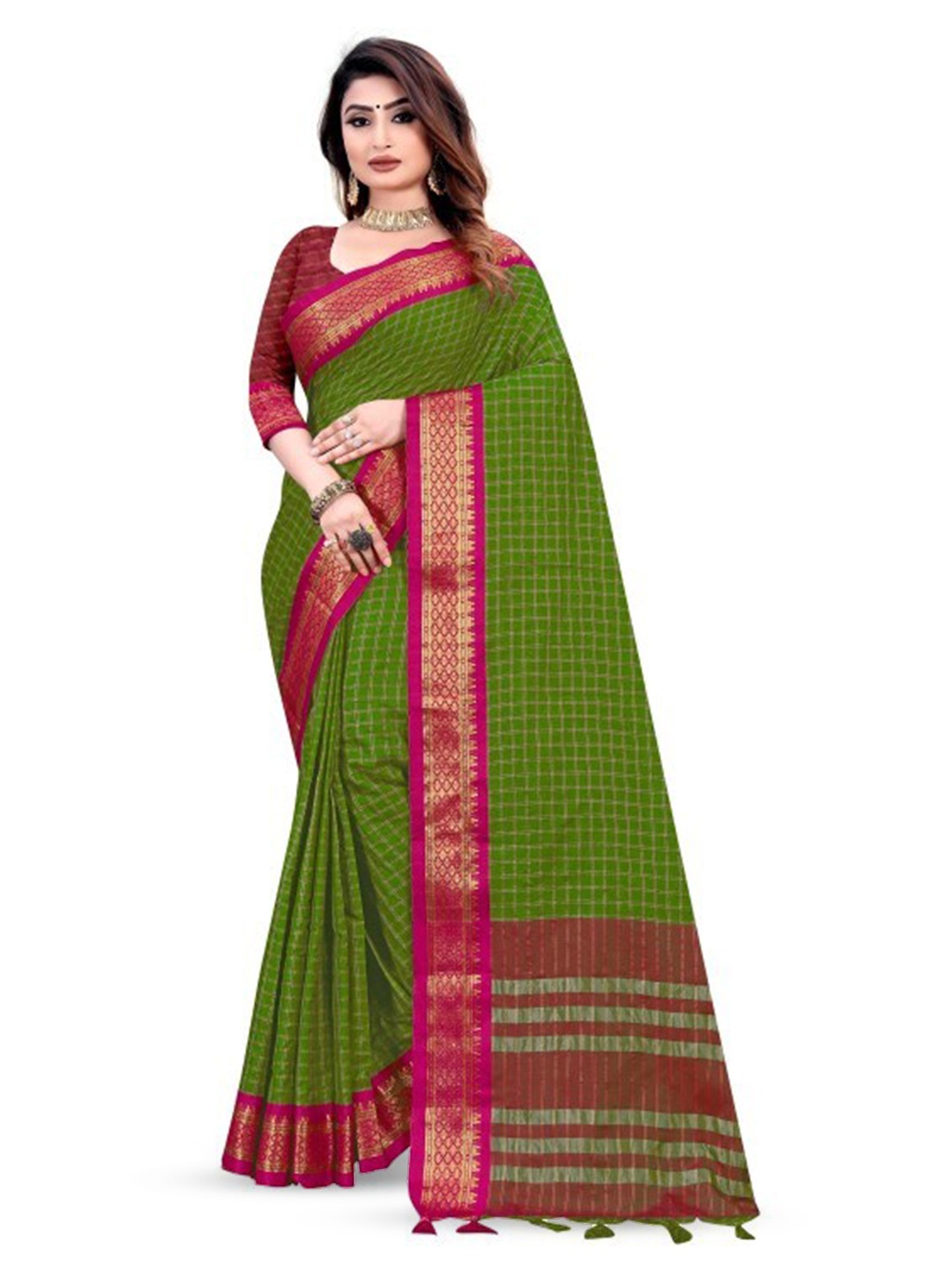 

Hensi sarees shop Woven Design Checked Zari Silk Cotton Pochampally Saree, Olive