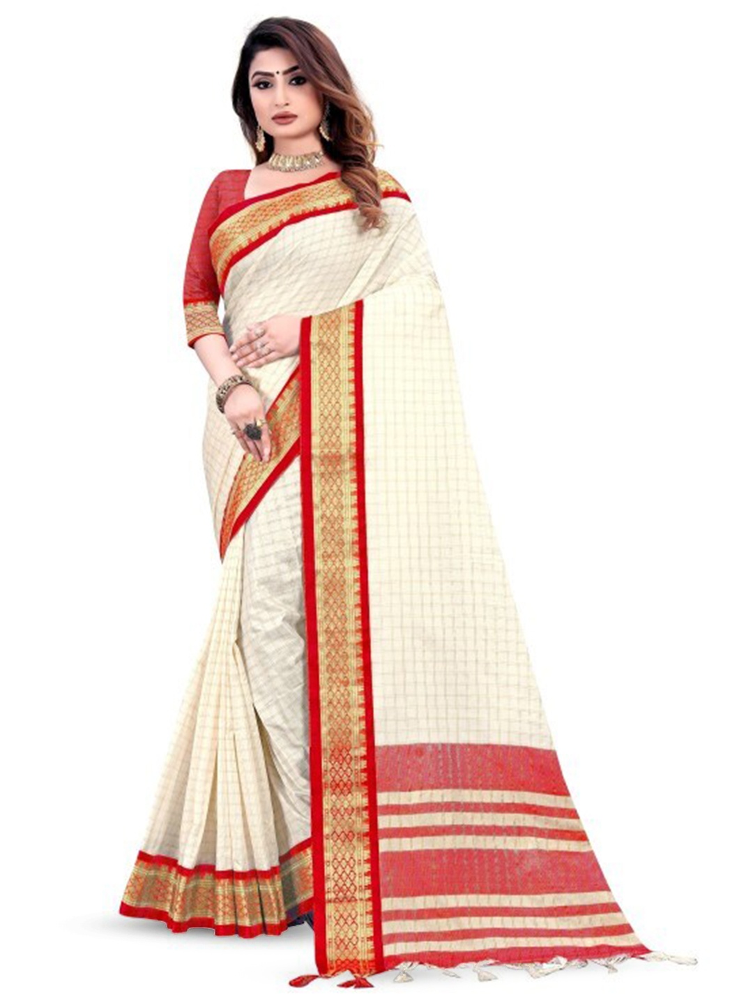 

Hensi sarees shop Woven Design Checked Zari Silk Cotton Pochampally Saree, Bronze