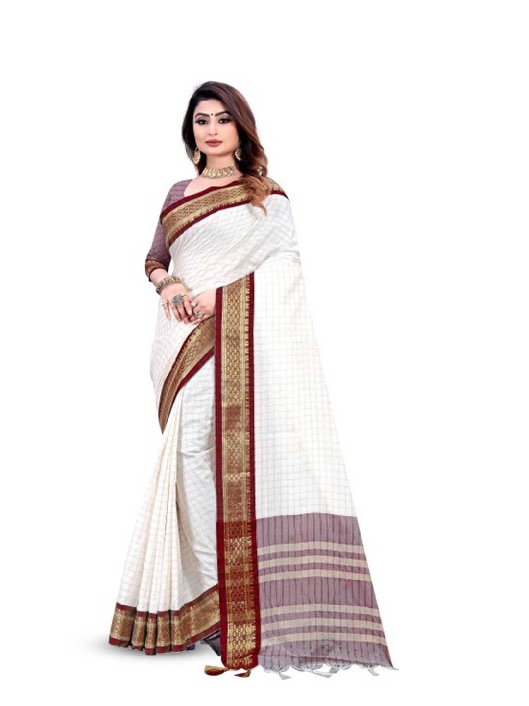 

Hensi sarees shop Woven Design Checked Zari Silk Cotton Pochampally Saree, White