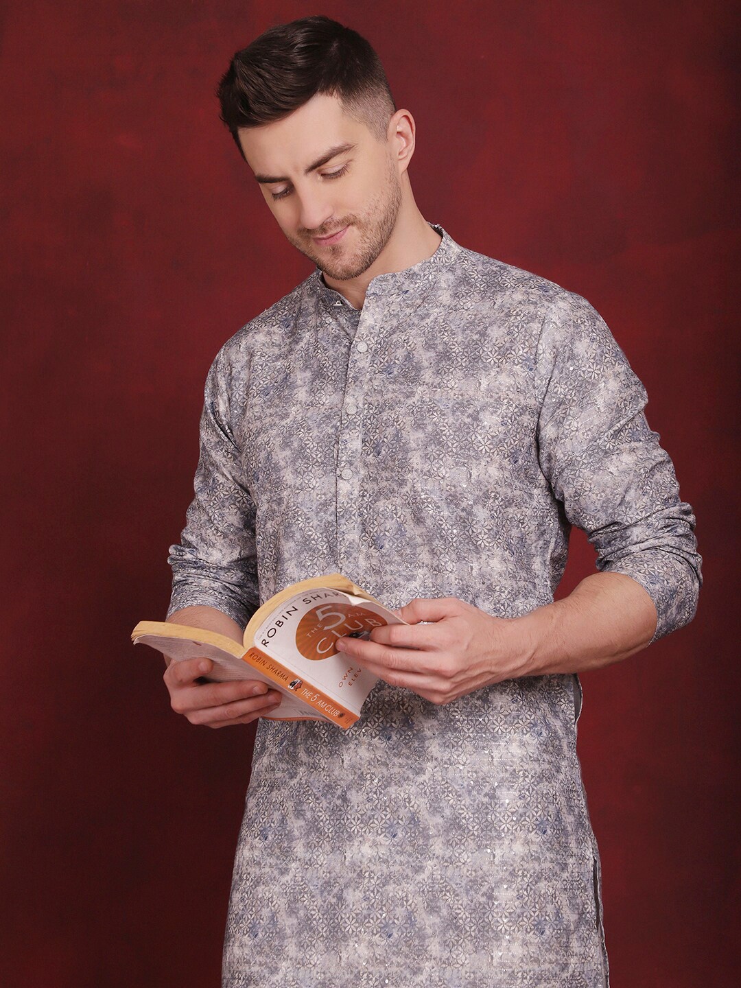 

Anouk Floral Printed Regular Cotton Kurta With Pyjamas, Grey