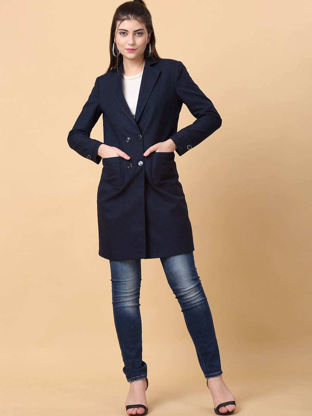 

KLOTTHE Notched Lapel Longline Woollen Overcoat, Blue