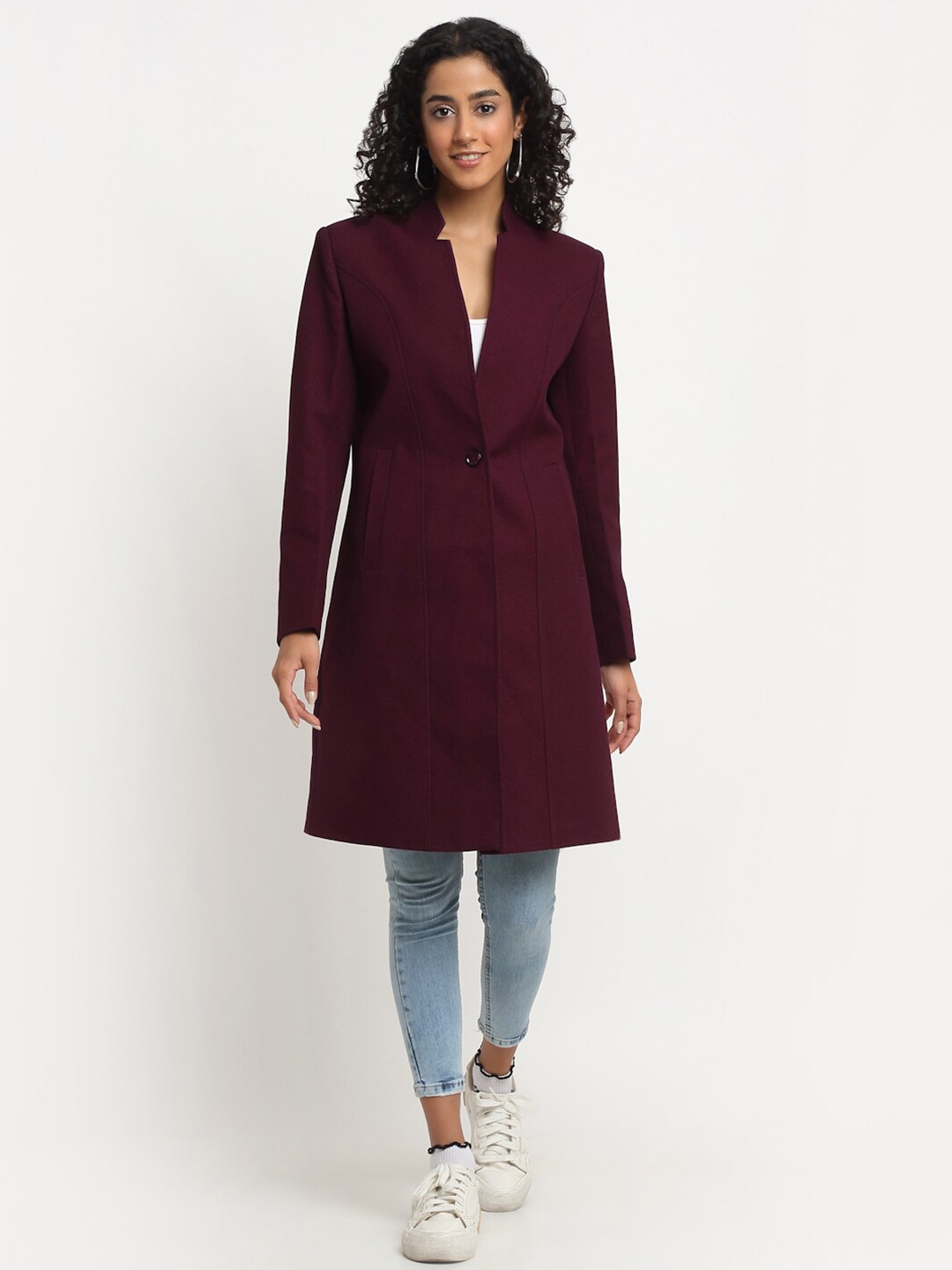 

KLOTTHE Mandarin Collar Longline Woollen Overcoat, Maroon