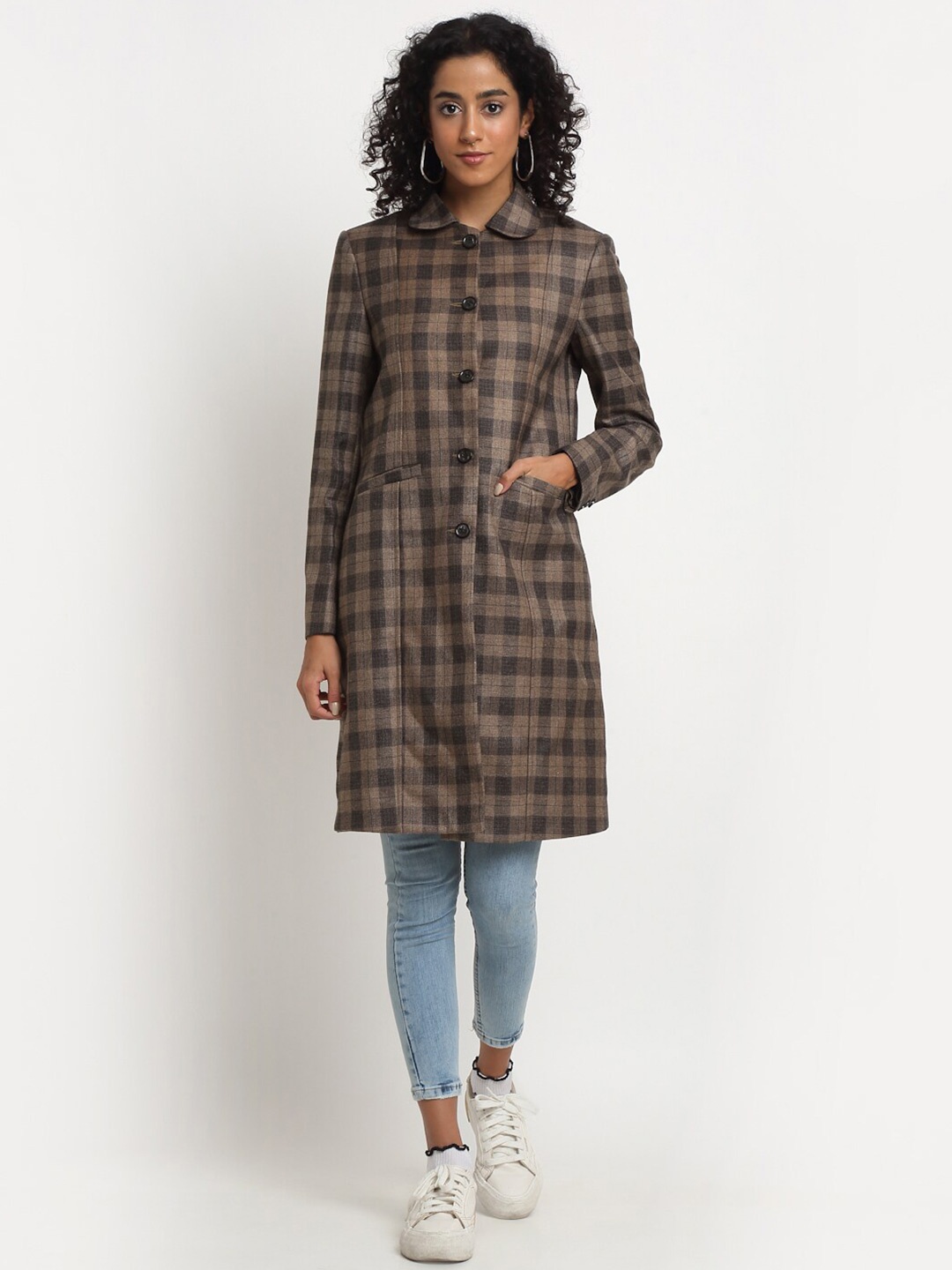 

KLOTTHE Checked Mandarin Collar Longline Woollen Overcoat, Grey