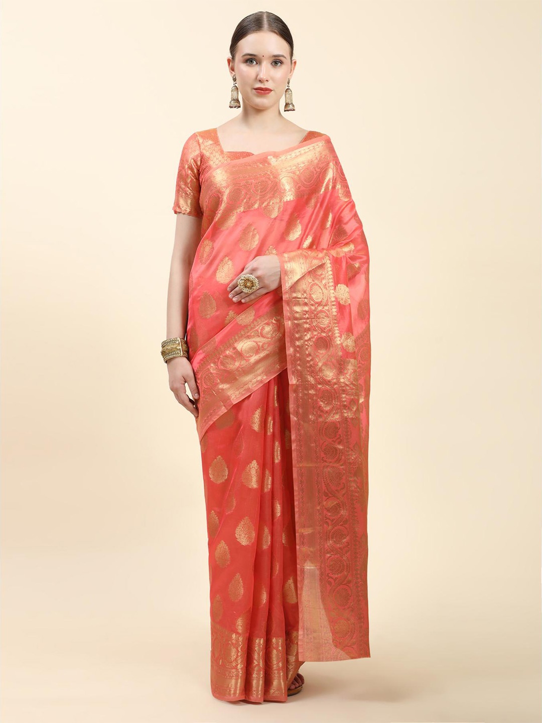 

Spetila Woven Design Zari Organza Banarasi Saree, Peach
