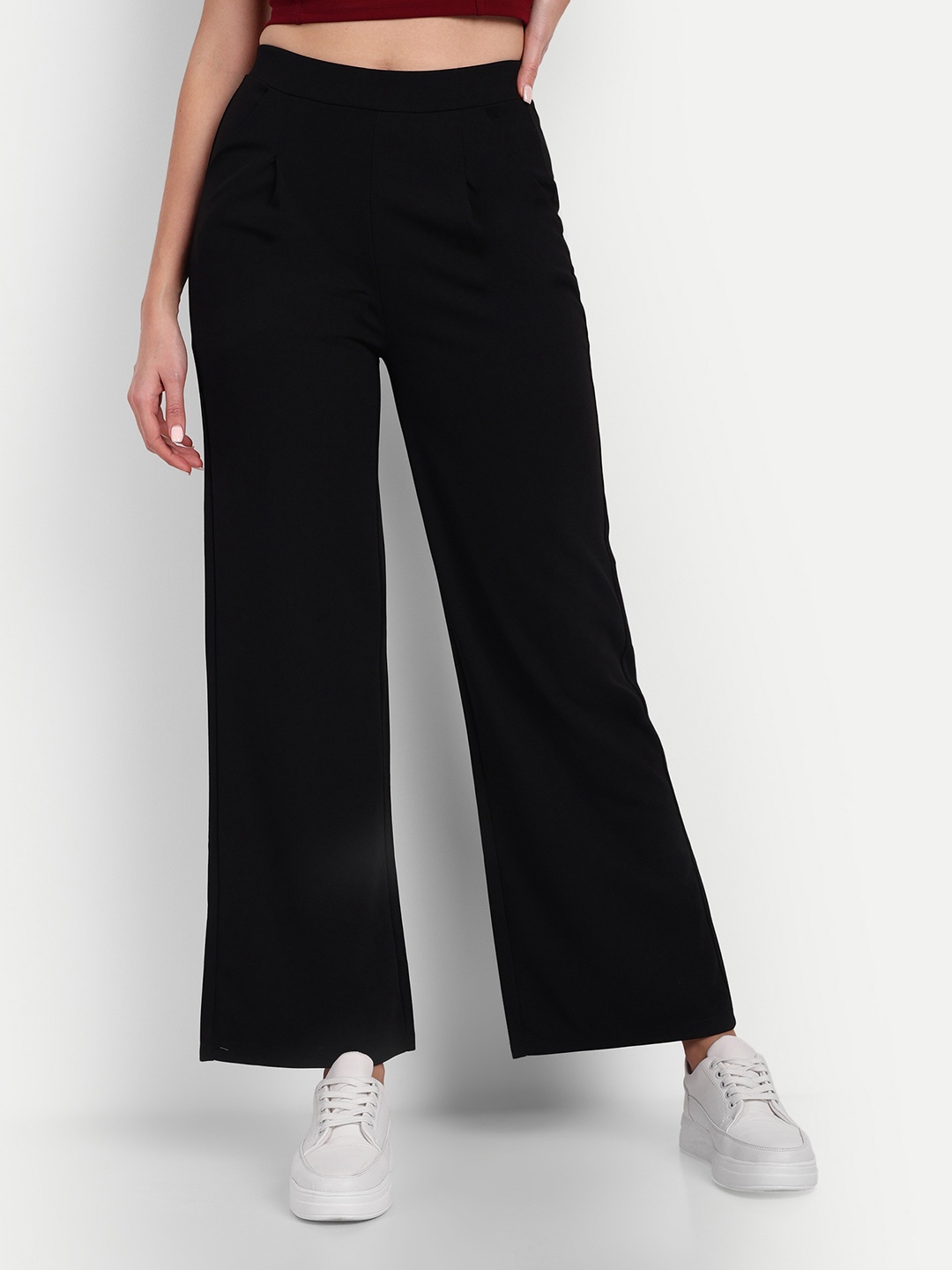 

Next One Women Smart Loose Fit High-Rise Easy Wash Stretchable Parallel Trousers, Black