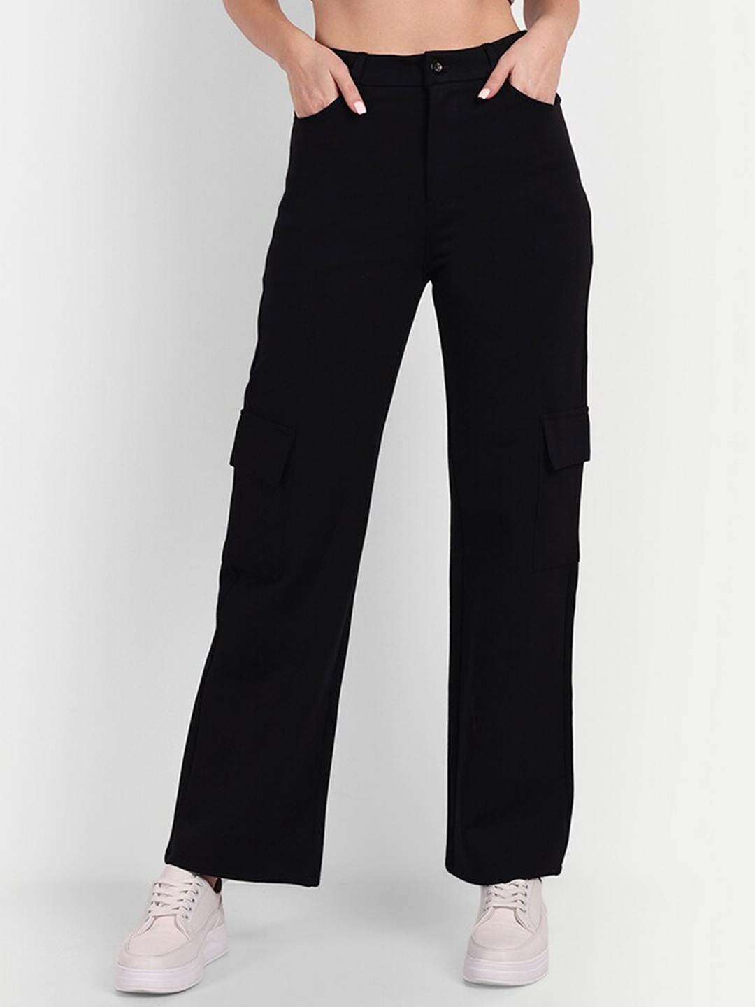 

Next One Women Smart Straight Fit High-Rise Easy Wash Trousers, Black