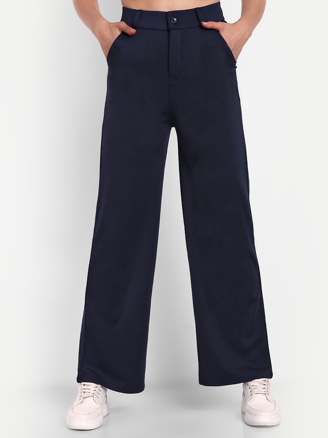 

Next One Women Smart Loose Fit High-Rise Cotton Easy Wash Trousers, Navy blue