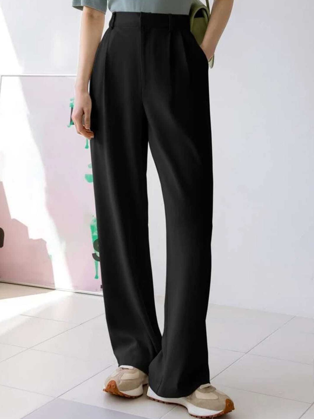 

Next One Women High-Rise Pleated Korean Trousers, Black