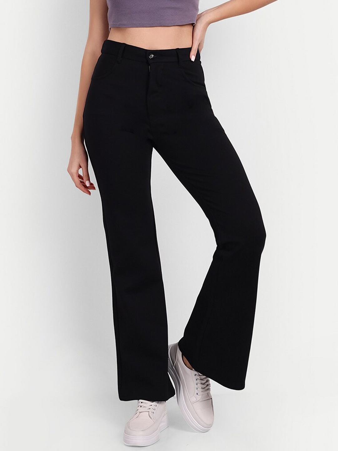 

Next One Women Smart Flared High-Rise Easy Wash Cotton Trousers, Black