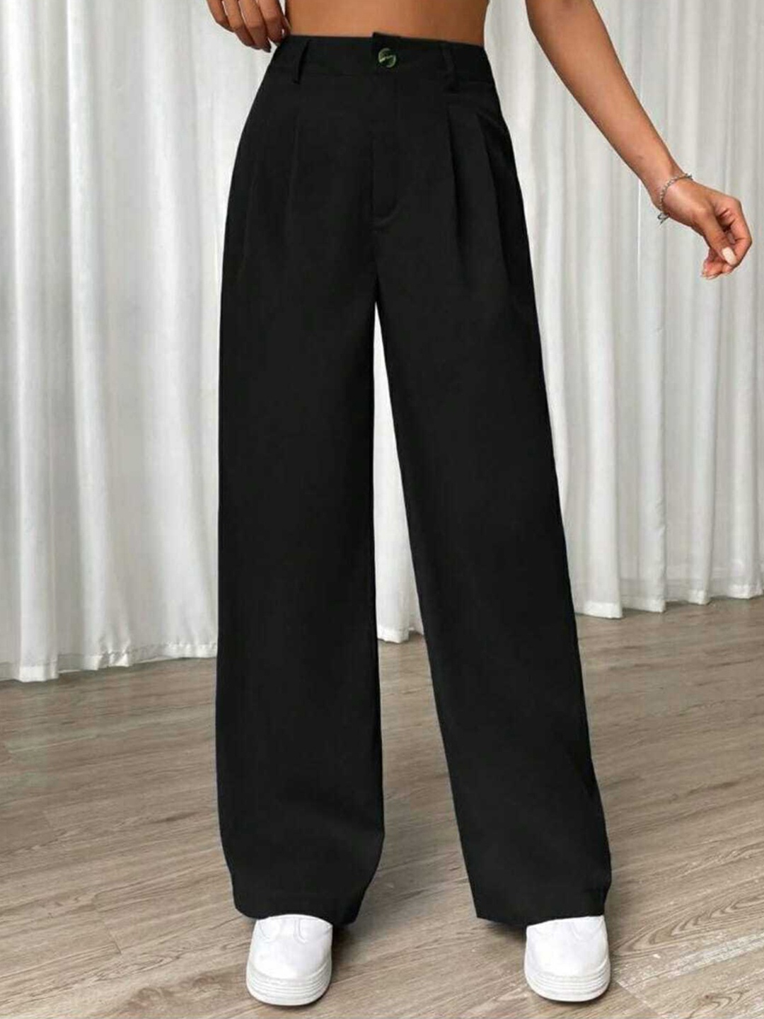 

Next One Women Loose Fit High-Rise Easy Wash Smart Cotton Parallel Trousers, Black