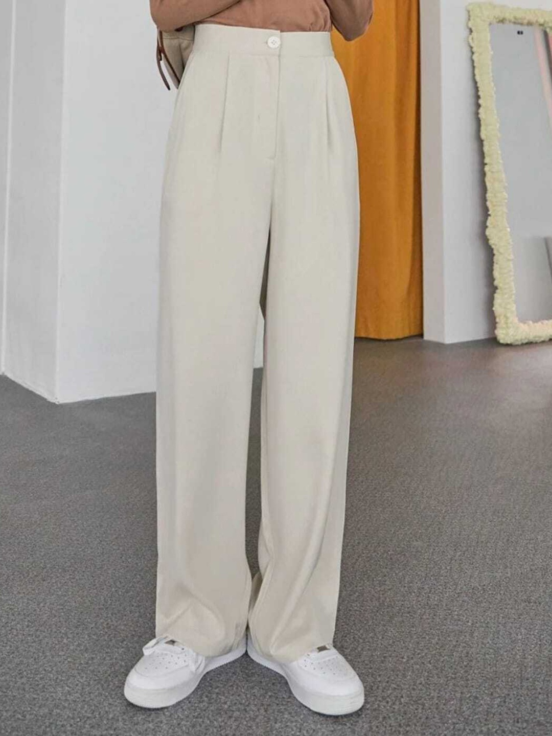 

Next One Women High-Rise Pleated Korean Trousers, Beige