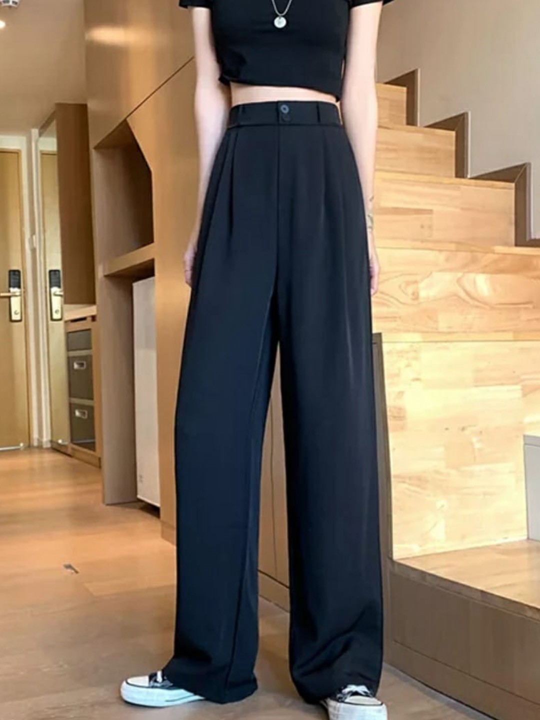 

Next One Women Smart Loose Fit High-Rise Easy Wash Pleated Trousers, Black
