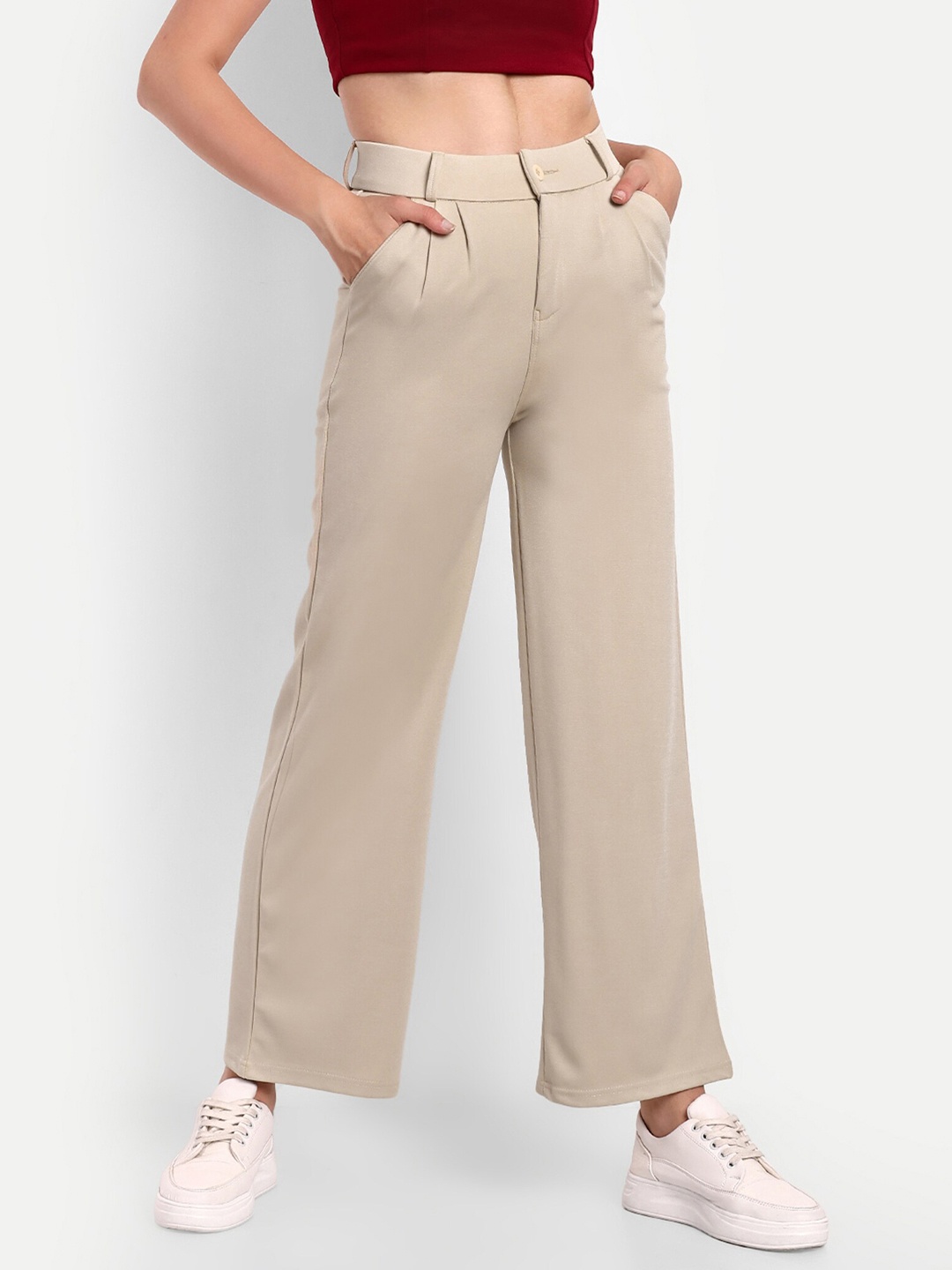 

Next One Women Smart Loose fit High-Rise Easy Wash Cotton Formal Knitted Regular Trouser, Beige