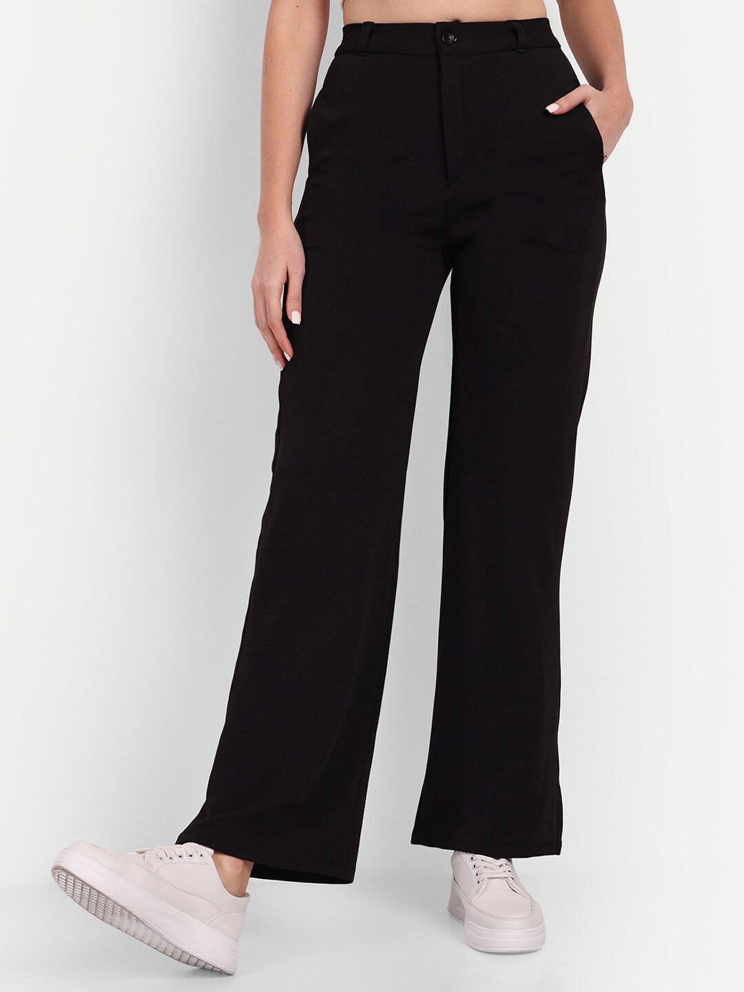 

Next One Women Smart Loose Fit High-Rise Easy Wash Smart Cotton Parallel Trousers, Black