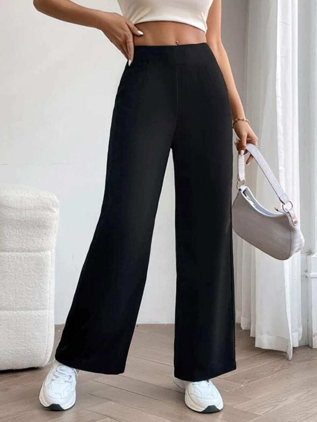 

Next One Women Loose Fit High-Rise Easy Wash Smart Cotton Parallel Trousers, Black