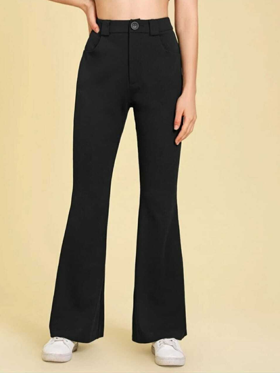 

Next One Women Smart Flared High-Rise Easy Wash Cotton Casual Knitted Bootcut Trouser, Black