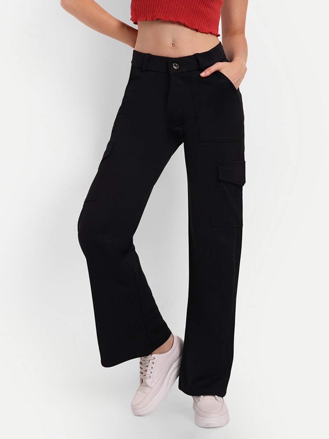 

Next One Women Smart Straight Fit High-Rise Easy Wash Cotton Casual Knitted Cargo Trouser, Black