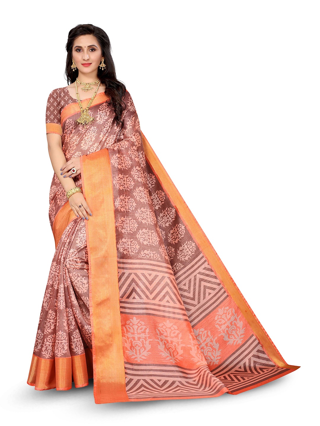 

KALINI Ethnic Motifs Printed Zari Detail Saree, Peach