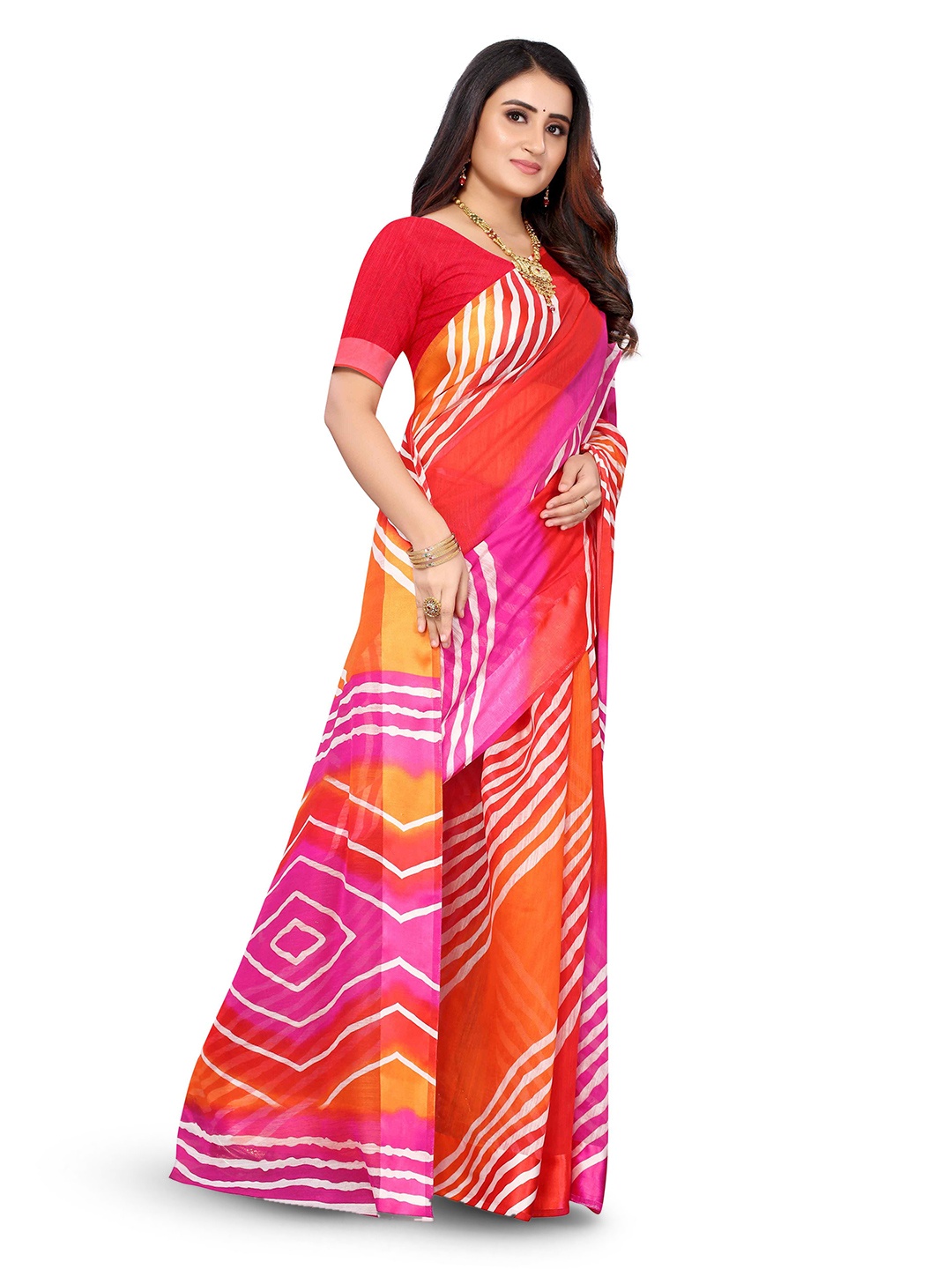

KALINI Geometric Printed Zari Border Saree, Pink